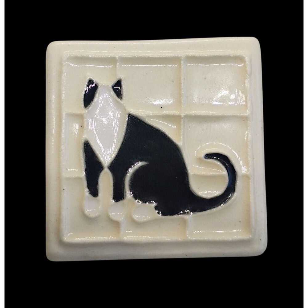 Vintage Handmade Cat Brooch Black & White Ceramic Square 1 3/4"